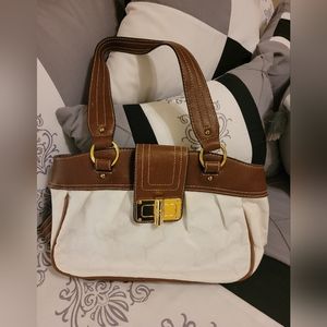 Ralph Lauren Chaps Shoulder Bag Logo Print Purse White And Brown With Gold￼n